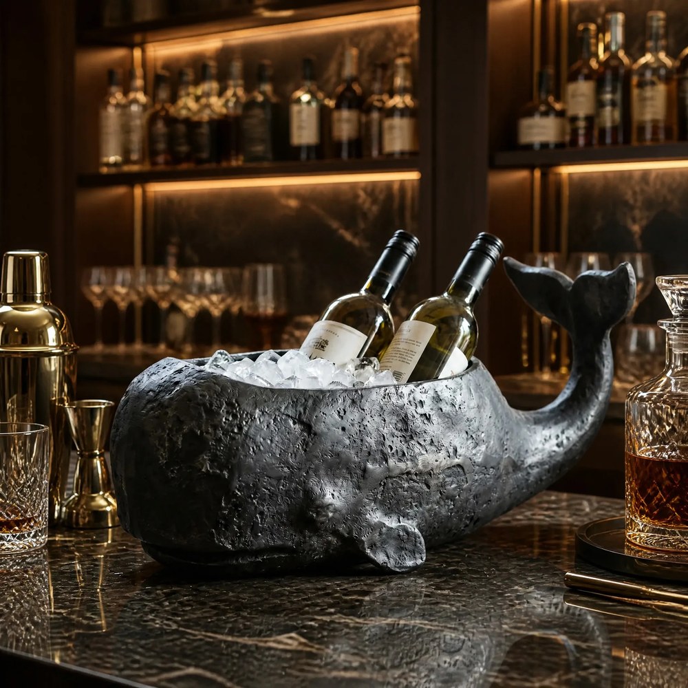 Whale Ice Bucket styled on a hotel bar counter with glassware and a decanter