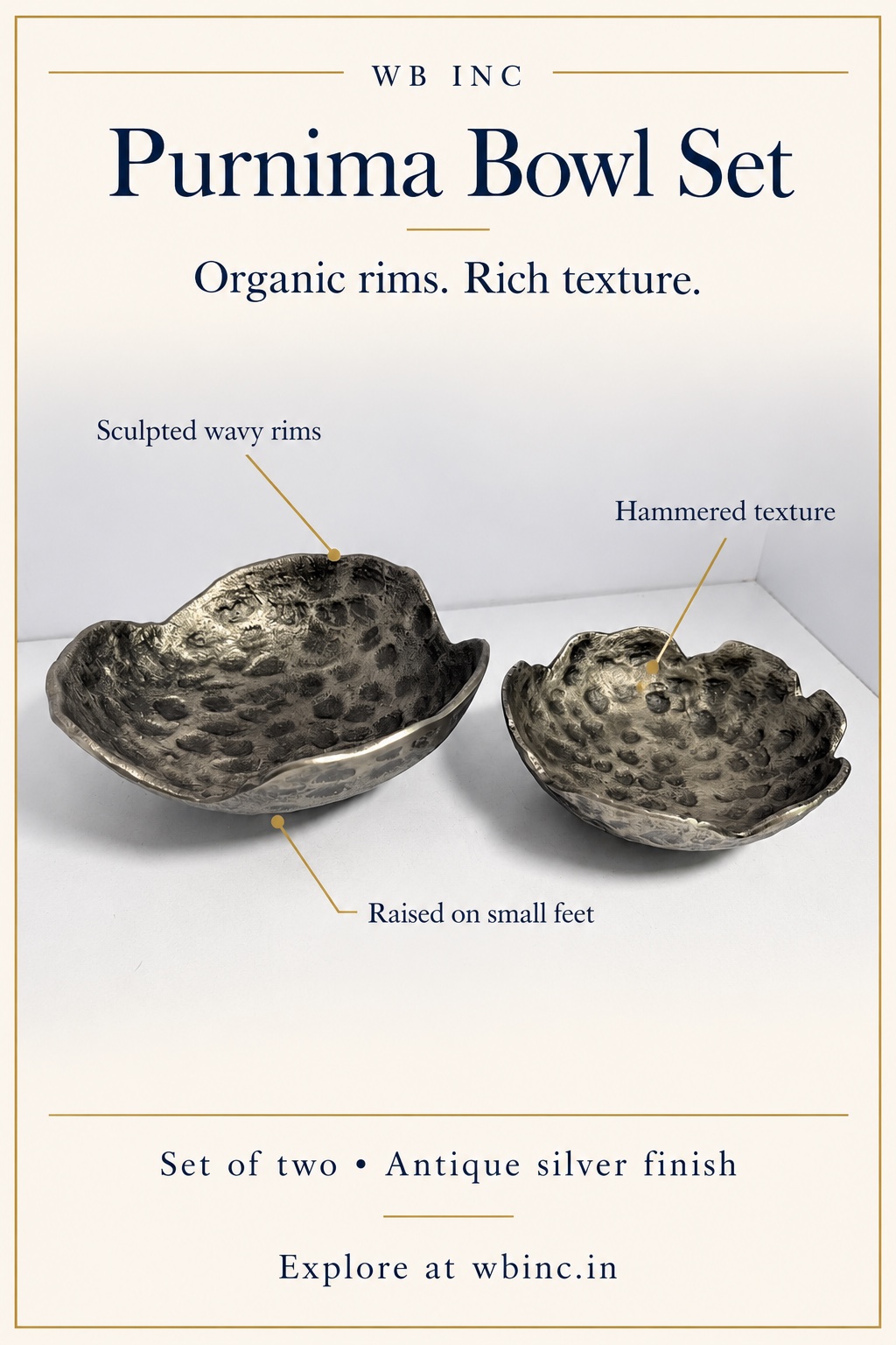 Purnima bowl set with callouts for wavy rims, hammered texture and small feet