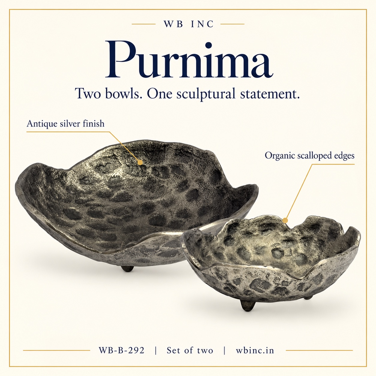 Purnima bowl set callouts: antique silver finish and organic scalloped edges
