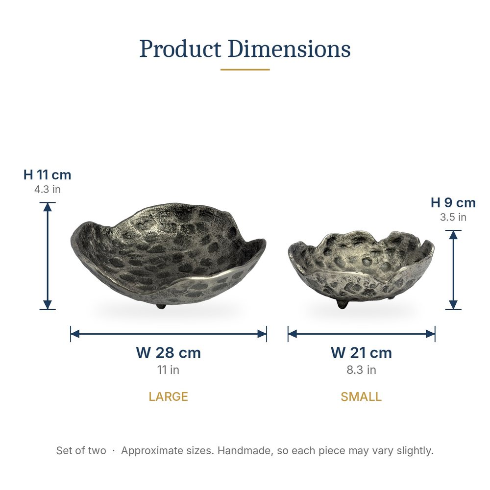 Purnima Hammered Aluminium Bowl Set of Two — dimensions: large W 28 x H 11 cm, small W 21 x H 9 cm