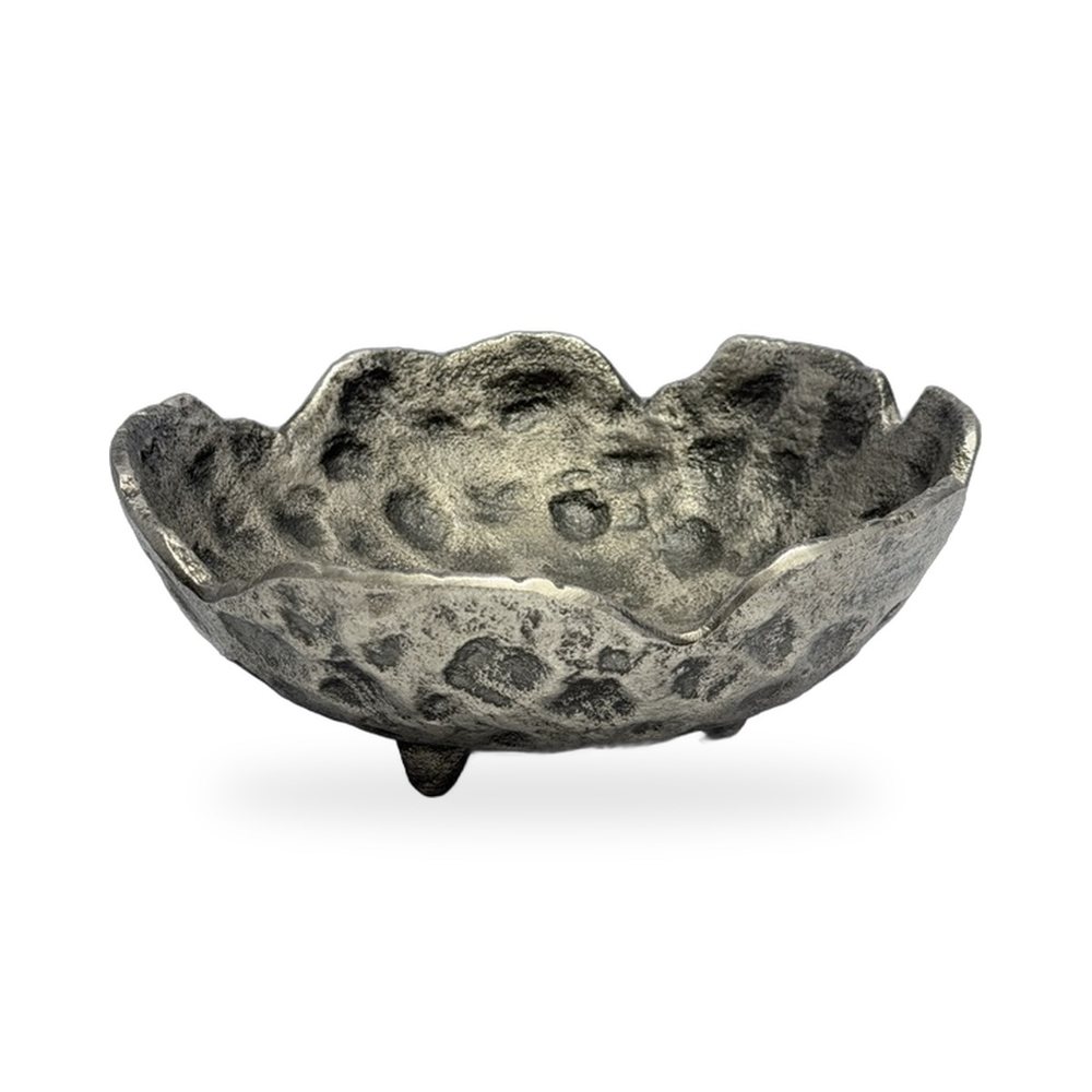 Purnima Hammered Aluminium Bowl Set of Two — small bowl, front view on its three feet