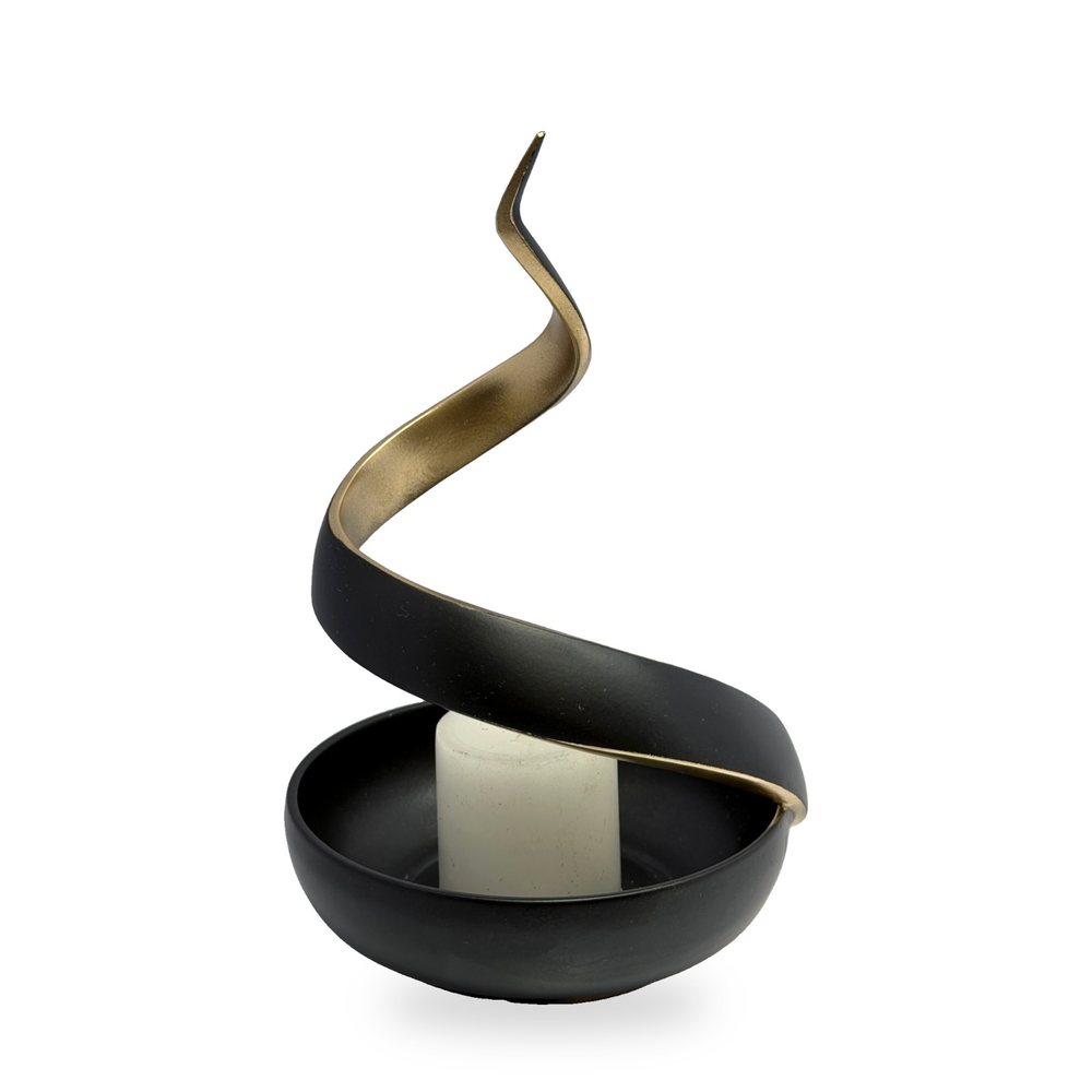 Snake Spiral Pillar Candle Holder — front view, black ribbon wrapping the bowl