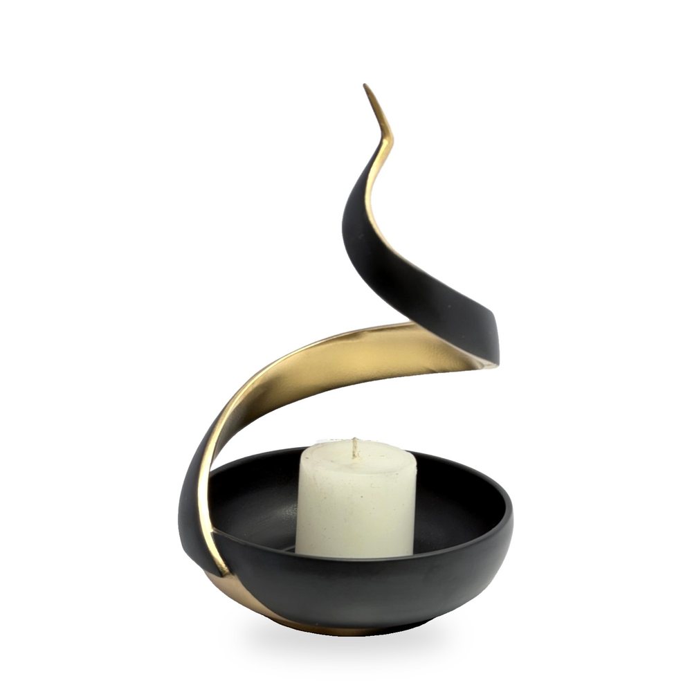 Snake Spiral Pillar Candle Holder in matt black and gold cast aluminium, with a pillar candle in the bowl